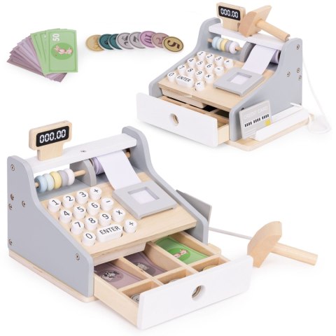 DREWNIANA KASA FISKALNA DLA DZIECI SKANER BANKNOTY MONETY KARTA ECOTOYS