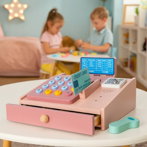 DREWNIANA KASA FISKALNA DLA DZIECI SKANER BANKNOTY MONETY KARTA