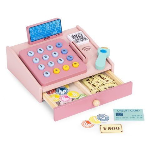 DREWNIANA KASA FISKALNA DLA DZIECI SKANER BANKNOTY MONETY KARTA