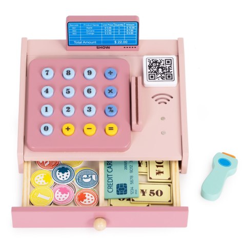 DREWNIANA KASA FISKALNA DLA DZIECI SKANER BANKNOTY MONETY KARTA