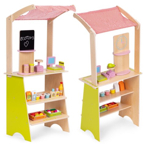 DUŻY DREWNIANY STRAGAN DLA DZIECI SKLEP Z TERMINALEM I WAGĄ OWOCE WARZYWA 20 ELEMENTÓW ECOTOYS