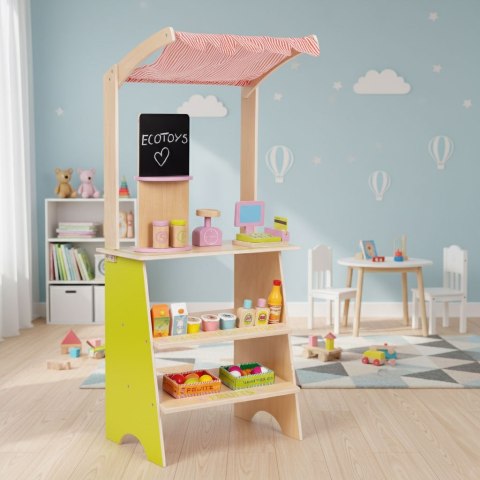 DUŻY DREWNIANY STRAGAN DLA DZIECI SKLEP Z TERMINALEM I WAGĄ OWOCE WARZYWA 20 ELEMENTÓW ECOTOYS