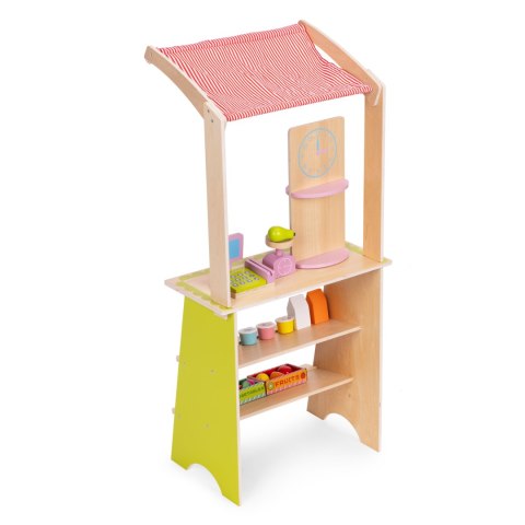 DUŻY DREWNIANY STRAGAN DLA DZIECI SKLEP Z TERMINALEM I WAGĄ OWOCE WARZYWA 20 ELEMENTÓW ECOTOYS
