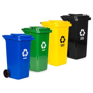 Zestaw 4 Koszy Na Śmieci Pojemnik 4X120L Niebieski Zielony Żółty Czarny Makulatura Szkoło Plastik Odpady Zmieszane Gumowe Koła
