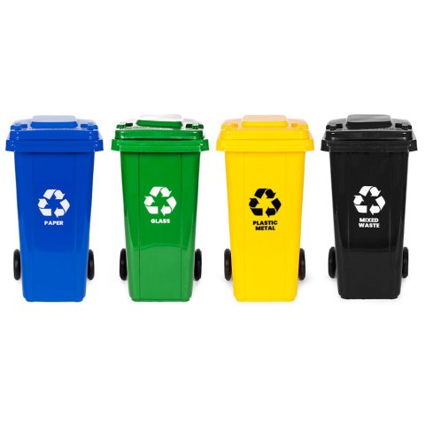 Zestaw 4 Koszy Na Śmieci Pojemnik 4X120L Niebieski Zielony Żółty Czarny Makulatura Szkoło Plastik Odpady Zmieszane Gumowe Koła