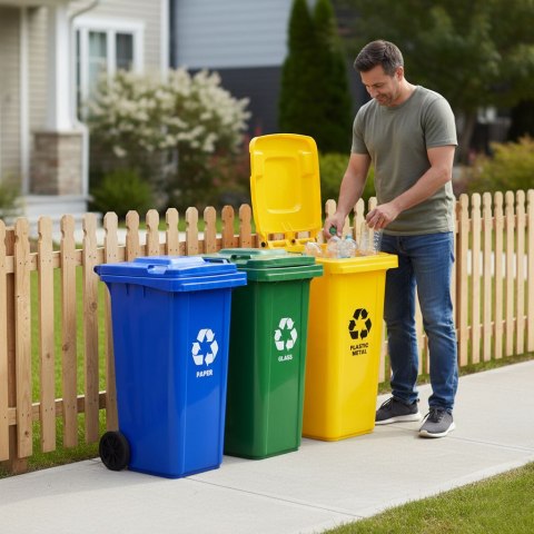Zestaw 4 Koszy Na Śmieci Pojemnik 4X120L Niebieski Zielony Żółty Czarny Makulatura Szkoło Plastik Odpady Zmieszane Gumowe Koła