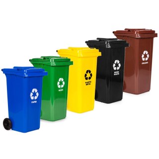 Zestaw 5 Koszy Na Śmieci Pojemniki 5X120L Niebieski Zielony Żółty Czarny Brązowy Makulatura Szkło Plastik Odpady Zmieszane Bio
