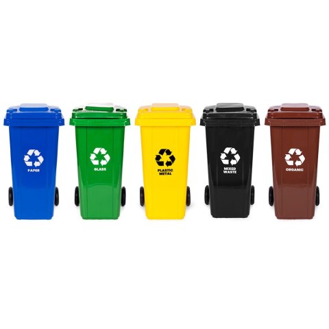 Zestaw 5 Koszy Na Śmieci Pojemniki 5X120L Niebieski Zielony Żółty Czarny Brązowy Makulatura Szkło Plastik Odpady Zmieszane Bio