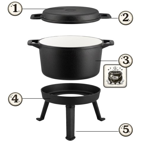 Kociołek żeliwny emaliowany garnek 8l stojący + patelnia grill BD-480 348010