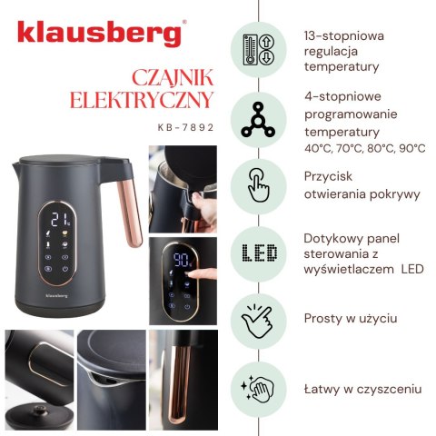 CZAJNIK ELEKTRYCZNY Z REGULACJĄ TEMPERATURY 1.7L BEZPRZEWODOWY CZARNY KLAUSBERG KB-7892