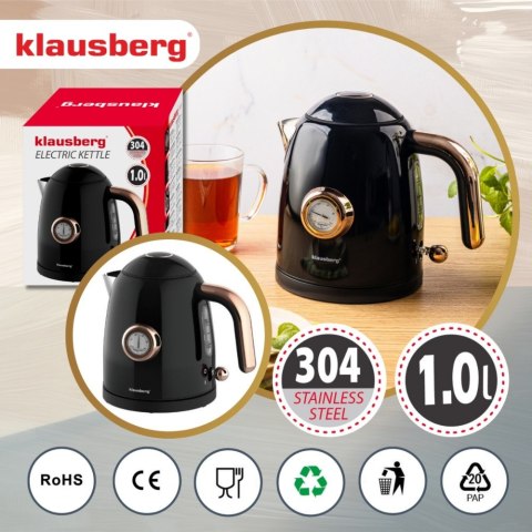 Czajnik elektryczny z termometrem, stal nierdzewna, czarny, 1,0L, 1200W, KLAUSBERG, KB-9017