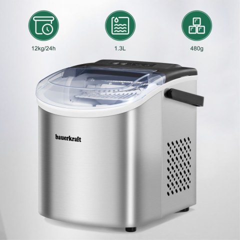 Automatyczna cicha wydajna kostkarka do lodu Bauerkraft prosta obsługa 12kg/24h srebrny