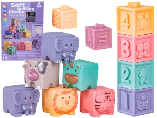 Miękkie Klocki Sensoryczne Zwierzęta, Figury geometryczne, Cyfry 12 sztuk, Edukacyjny zestaw klocków dla malucha
