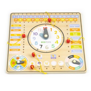 DREWNIANA TABLICA MANIPULACYJNA KALENDARZ ZEGAR ECOTOYS