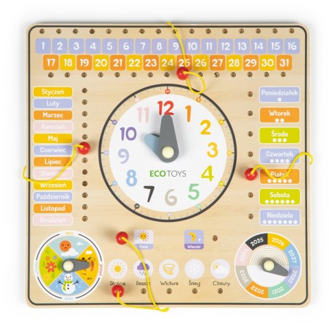 DREWNIANA TABLICA MANIPULACYJNA KALENDARZ ZEGAR ECOTOYS