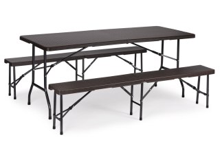 ZESTAW CATERINGOWY STÓŁ BANKIETOWY 180 CM 2 ŁAWKI RATAN BRĄZ MODERNHOME
