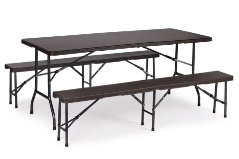 ZESTAW CATERINGOWY STÓŁ BANKIETOWY 180 CM 2 ŁAWKI RATAN BRĄZ MODERNHOME