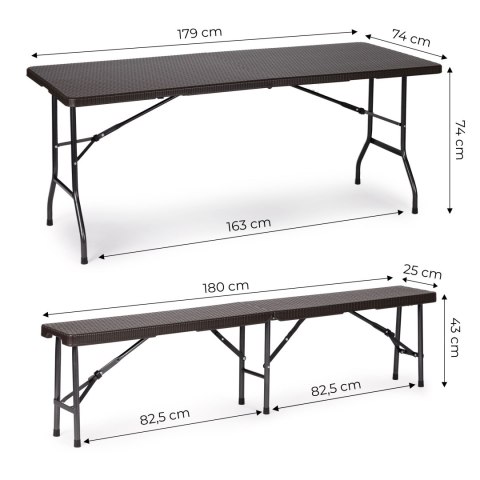 ZESTAW CATERINGOWY STÓŁ BANKIETOWY 180 CM 2 ŁAWKI RATAN BRĄZ MODERNHOME