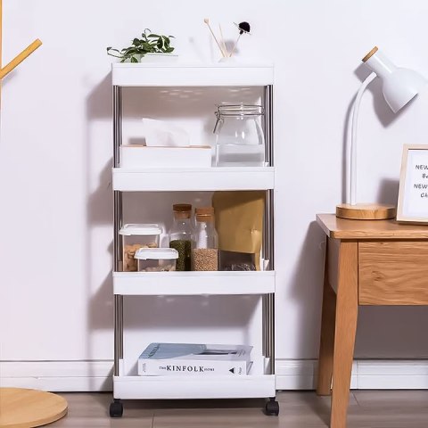 Biały Regał Łazienkowy Z 4 Półkami Plastikowy Stojak na Kółkach MODERNHOME