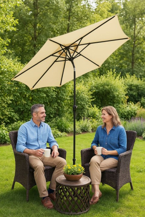 DUŻY PARASOL OGRODOWY SKOŚNY ŁAMANY Z KORBĄ 6 ŻEBER BEŻOWY 270 CM MULTIGARDEN