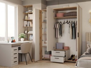 SZAFA AVA 150 CM LUSTRO 2 SZUFLADY RYFLOWANY FRONT DĄB EVOKE KASZMIR BEŻ