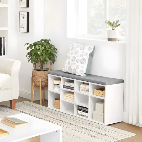 SZAFKA NA BUTY Z SZARĄ PODUSZKĄ 10 PÓŁEK BIAŁA MODERNHOME