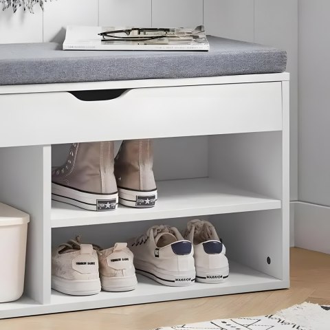 SZAFKA NA BUTY Z SZARĄ PODUSZKĄ I OTWIERANYM SIEDZISKIEM 3 PÓŁKI BIAŁA MODERNHOME