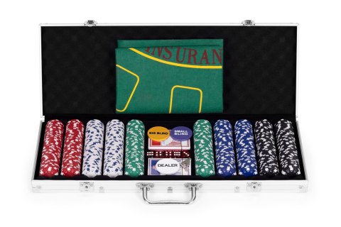 ZESTAW DO POKERA BLACKJACKA 500 ŻETONÓW 2 TALIE KART KOŚCI MATA DO GRY ZAMYKANA WALIZKA