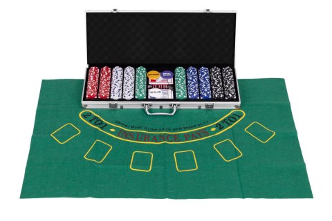 ZESTAW DO POKERA BLACKJACKA 500 ŻETONÓW 2 TALIE KART KOŚCI MATA DO GRY ZAMYKANA WALIZKA