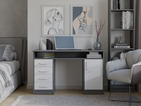 BIURKO ADA ANTRACYT BIAŁY 125 Cm 4 Szuflady Szafka Półki Do Biura Pokoju Na Laptop