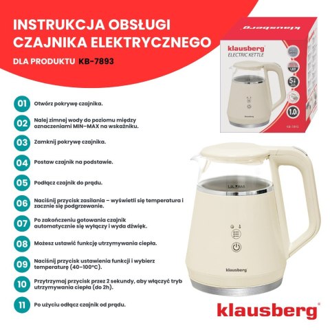 CZAJNIK ELEKTRYCZNY Z REGULACJĄ TEMPERATURY MAŁY 1.0L BEZPRZEWODOWY KREMOWY KLAUSBERG KB-7893