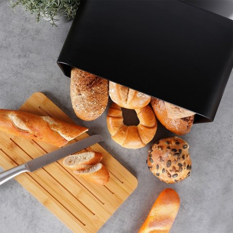 Chlebak metalowy pojemnik na chleb pieczywo z deską bambusową czarny 35x22x20.5cm VILDE 259613