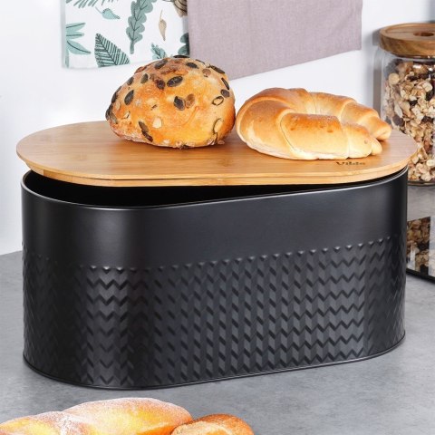 Chlebak stalowy pojemnik na pieczywo chleb bułki z deską drewnianą czarny 34x18.5x15.5cm VILDE 259624