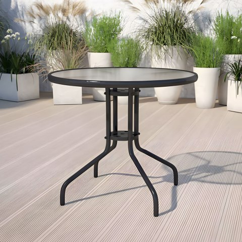 STOLIK OGRODOWY OKRĄGŁY 80 CM NA TARAS OGRÓD BALKON SZKŁO HARTOWANE OTWÓR NA PARASOL MULTIGARDEN