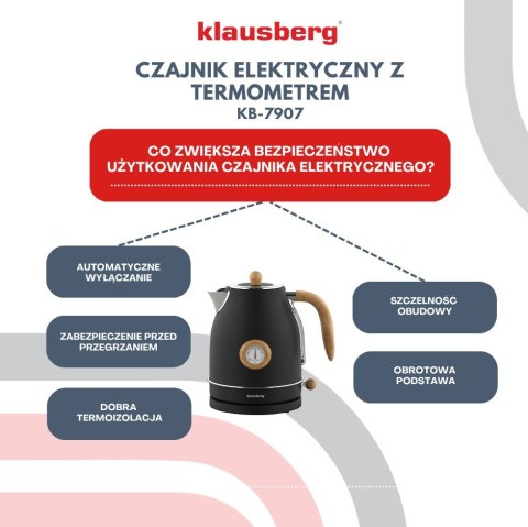 CZAJNIK ELEKTRYCZNY Z TERMOMETREM STAL NIERDZEWNA 1.7L 2200W KLAUSBERG KB-7907 CZARNY