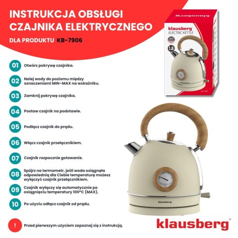 CZAJNIK ELEKTRYCZNY Z TERMOMETREM STAL NIERDZEWNA 1.8L 2200W KLAUSBERG KB-7905 BEŻOWY