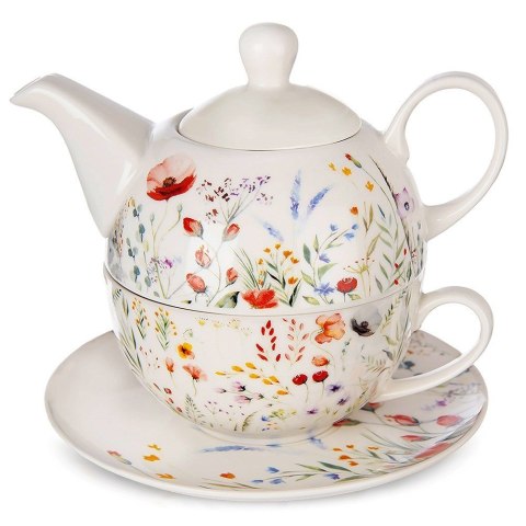 Dzbanek z filiżanką do herbaty zestaw porcelanowy biały 3-ele MAKI ORION 129662