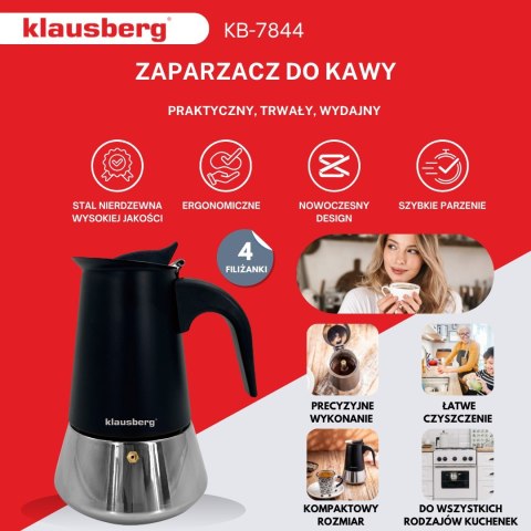 KAWIARKA ESPRESSO KAFETERKA CIŚNIENIOWA KLAUSBERG 200ML (3 FILIŻANKI) KB-7844