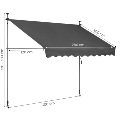 MARKIZA PRZECIWSŁONECZNA BALKONOWA 300X120 CM REGULACJA WYSOKOŚCI WODOODPORNA KORBKA RĘCZNA SZARA MULTIGARDEN