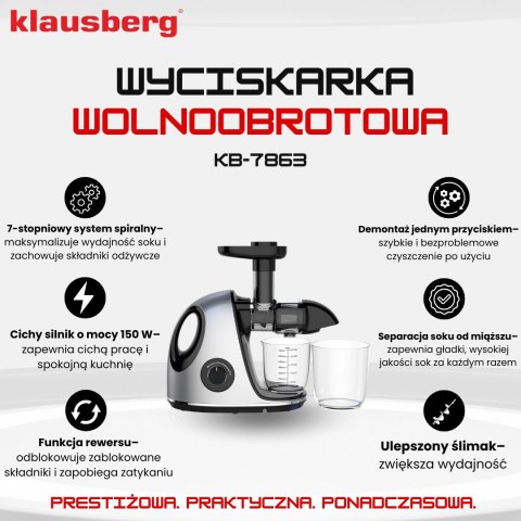 SOKOWIRÓWKA WOLNOOBROTOWA 150W DO OWOCÓW I WARZYW COLD PRESS KLAUSBERG KB-7863