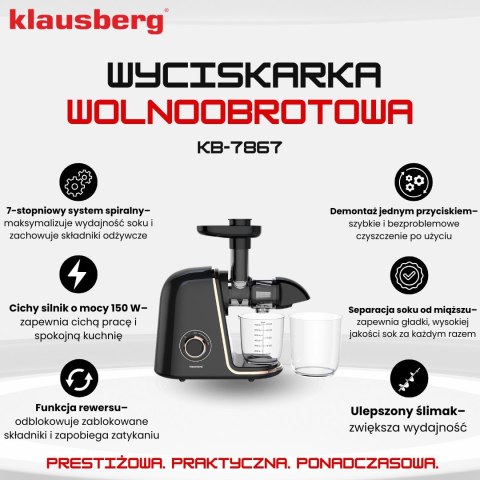 SOKOWIRÓWKA WOLNOOBROTOWA 150W DO OWOCÓW I WARZYW COLD PRESS KLAUSBERG KB-7867