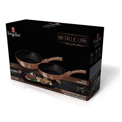 ZESTAW PATELNI GRANITOWYCH + PŁYTA DO SMAŻENIA BERLINGER HAUS METALLIC LINE ROSE GOLD BH-1669