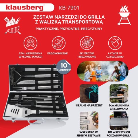 ZESTAW PRZYBORÓW DO GRILLA, 10 ELEMENTÓW, NARZĘDZIA DO GRILLOWANIA, KLAUSBERG KB-7901